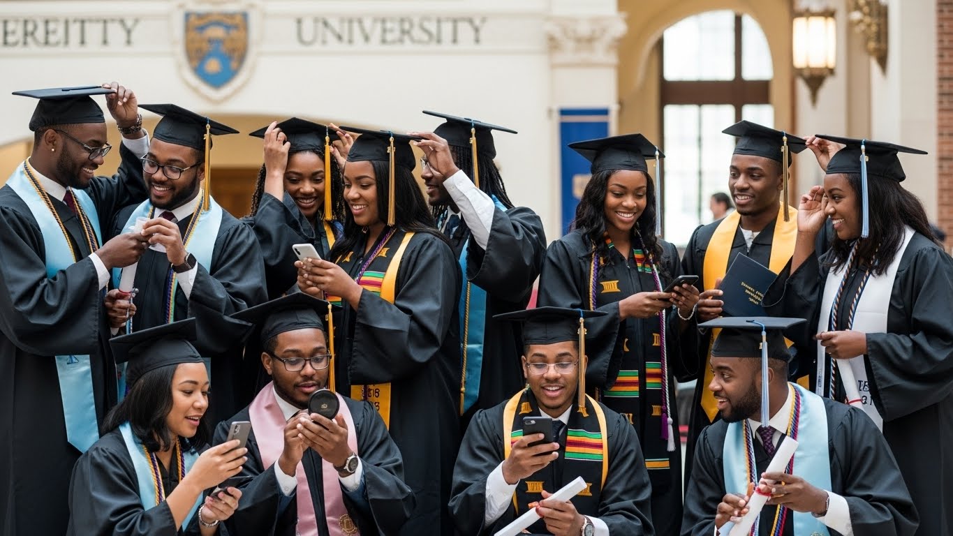 Graduates checking their phones outside a university